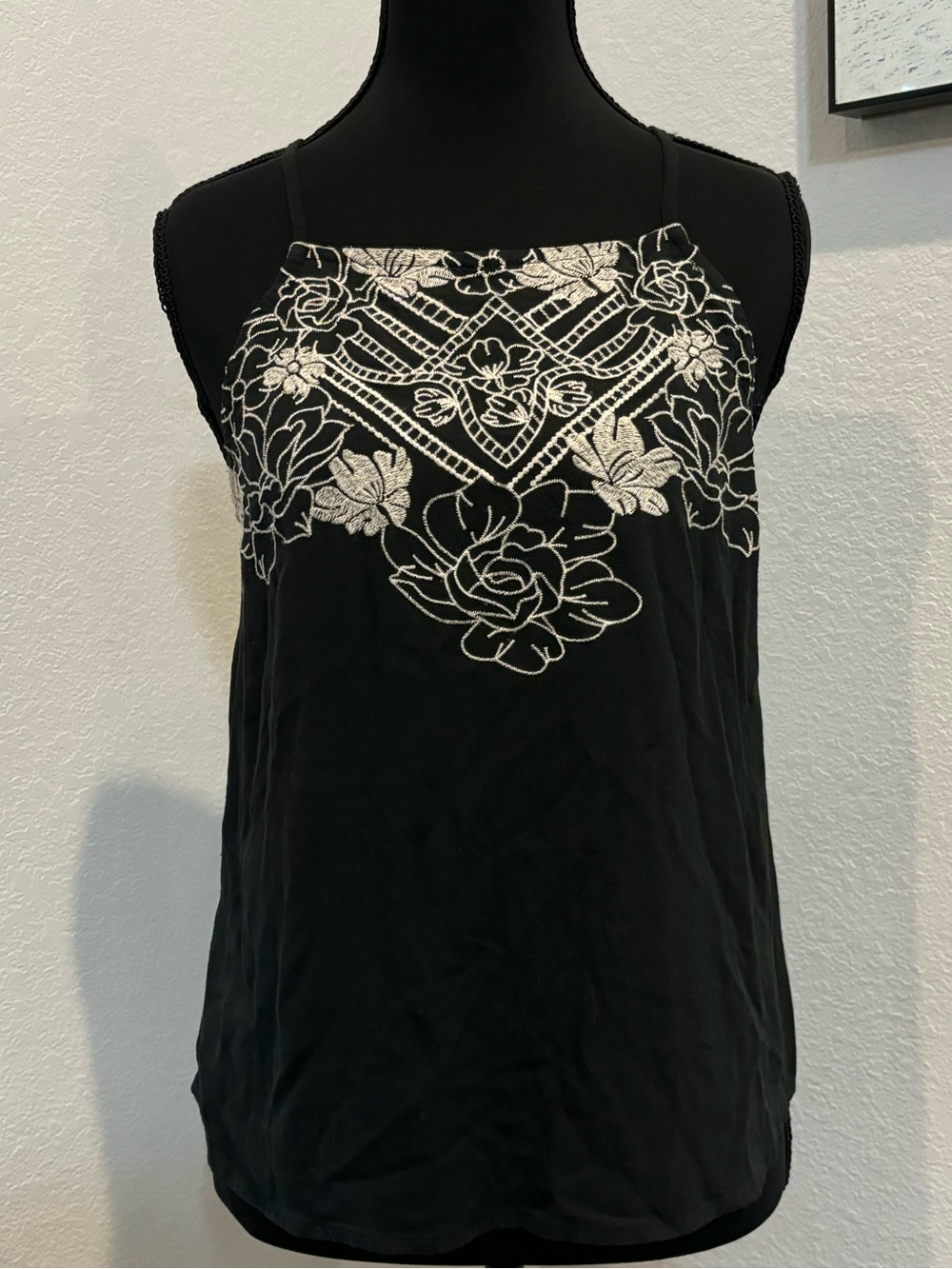 Love On A Hanger Black Halter Top With Light Beige Embroidery (S)